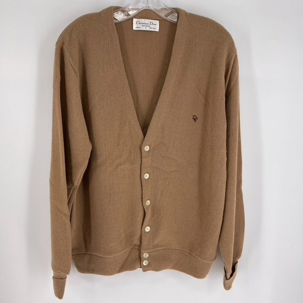 Vintage Christian Dior Mens Monsieur Size L Tan Button Front Cardigan Sweater